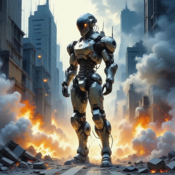 This wallpaper features an intense digital illustration of a cyborg warrior standing amidst a chaotic cityscape. The figure, adorned in futuristic armor, appears ready for action against the backdrop of smoke and flames.