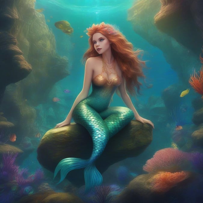 Dive into the enchanting world of this digital artwork featuring a mermaid in her natural, oceanic habitat. The vibrant underwater scene is both serene and lively, perfect for your desktop or mobile device.