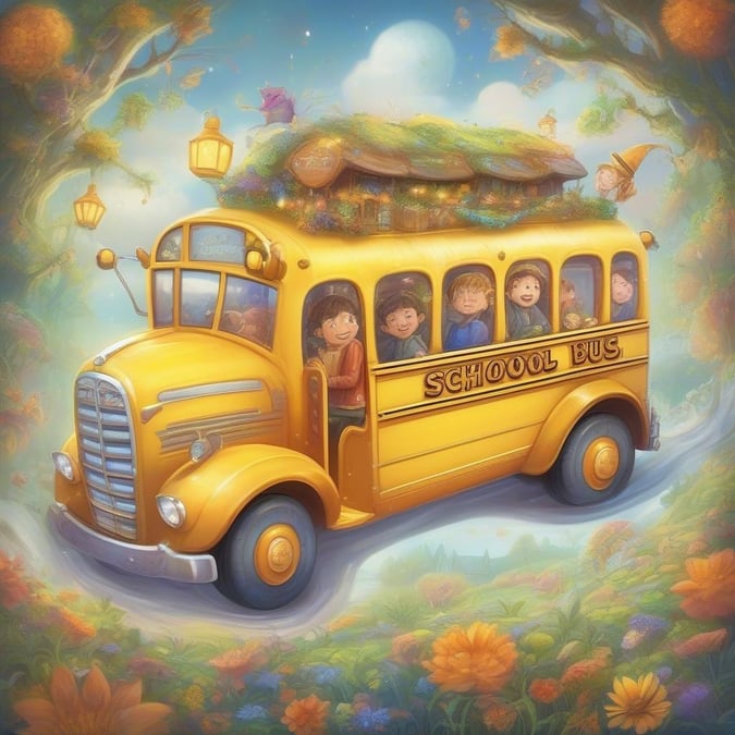 A cheerful group of children embark on an exciting adventure back to school in a bright yellow, vintage school bus. The journey seems delightful with the sunny weather and the magical flowers blooming on the side of the road.