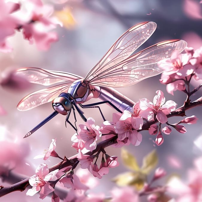 En lugn anime-illustration av en majestätisk drakfluge drottning, som står på en gren prydd med rosa körsbärsblommor. Drottningens eleganta pose, med långa vingar och en kunglig blick, förkroppsligar essensen av en anime. Den mjuka rosa och vita bakgrunden kompletterar harmoniskt hennes intrikata detaljer.