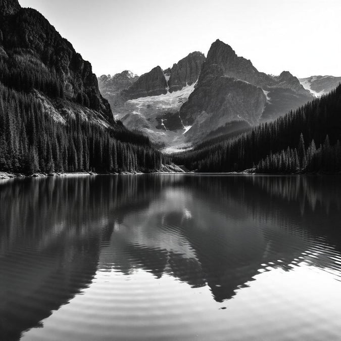 A tranquil scene with majestic snow-capped mountains rising in the distance, framing a serene lake nestled among evergreen trees. A perfect black and white wallpaper for those seeking solitude and natural beauty.