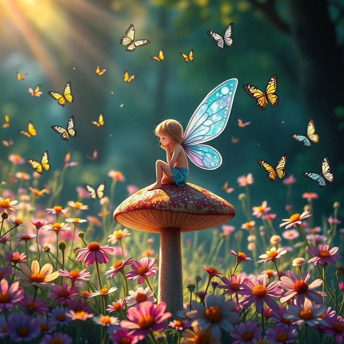 This enchanting wallpaper features a fairy sitting on a mushroom in a lush garden, surrounded by vibrant flowers and butterflies. The fairy's delicate wings and the garden's beauty create a whimsical and peaceful atmosphere, perfect for adding a touch of magic to your desktop or mobile device.