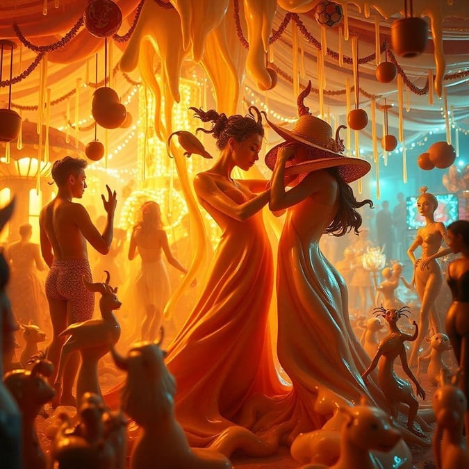 A whimsical carnival scene with dancers in colorful costumes, surrounded by candy decorations and playful figures.