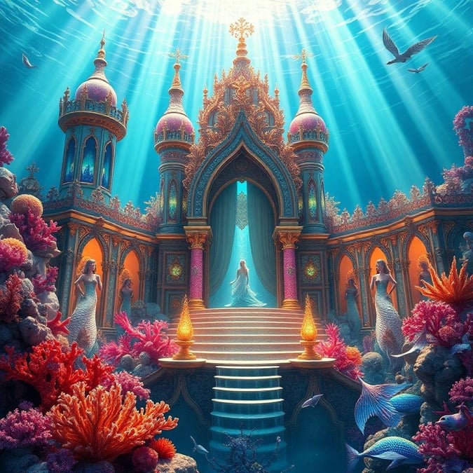 A dreamy, underwater fantasy scene with a castle that's part palace, part submerged wonderland. With stained glass windows, gold accents, and vibrant marine life surrounding the throne room, this image is both magical and mysterious.