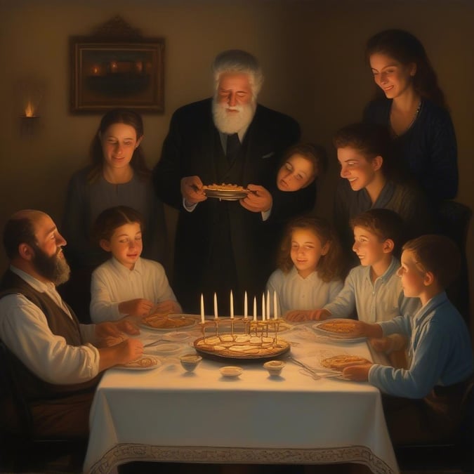 En hjertevarm scene af en familie, der samles for at fejre Hanukkah, med tændte lys og en glad atmosfære.