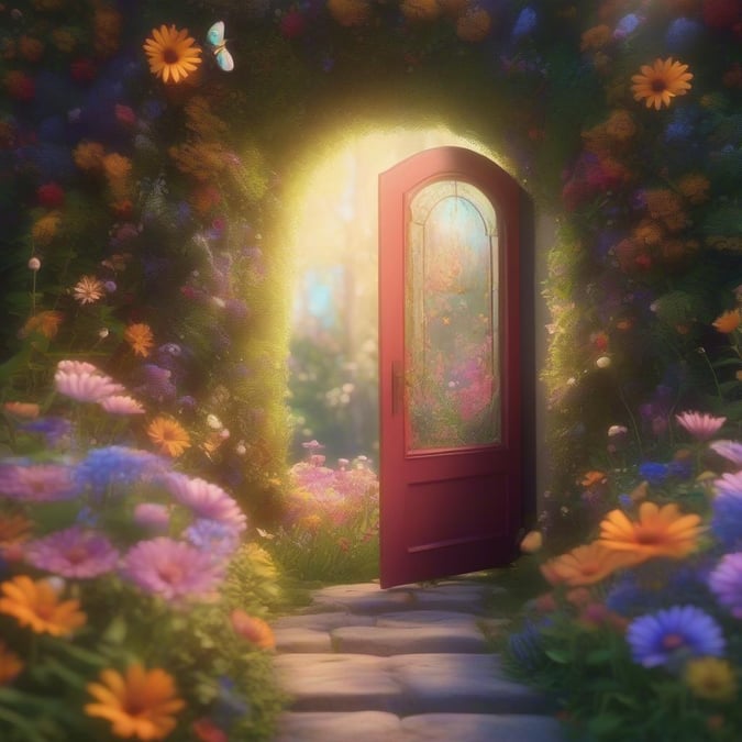 A whimsical scene featuring a vibrant garden path leading to an open doorway, inviting you into a magical world.