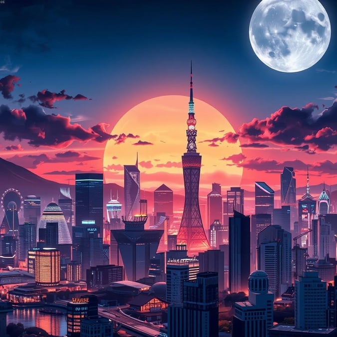 Vivi la straordinaria bellezza di Tokyo al tramonto in questo straordinario sfondo ispirato all'anime. Le vivaci luci al neon della città si riflettono sull'acqua, creando una scena ipnotizzante che cattura l'essenza della tranquillità e della modernità.