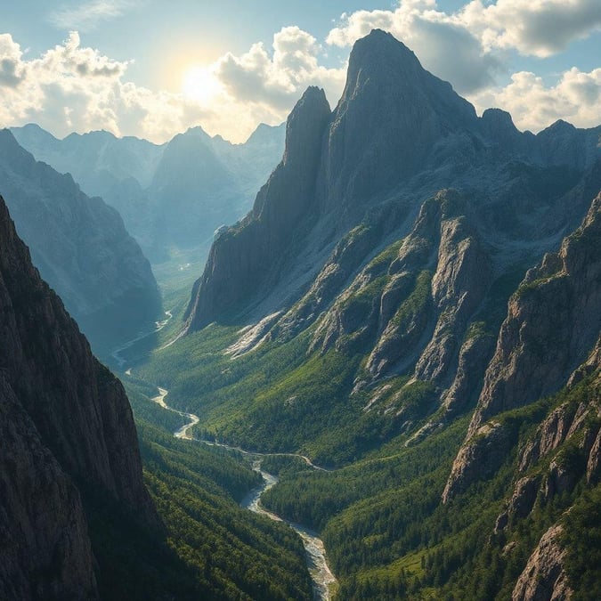 Bask in the serene beauty of nature, where towering rock faces frame a verdant valley, home to a winding river that cuts its way through the heartland.