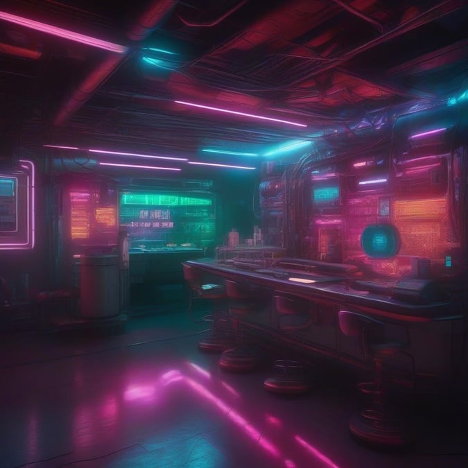 This cyberpunk scene captures the essence of a high-tech, futuristic space with an inviting retro vibe. The warm glow of neon lights illuminates the intricate machinery and equipment that hint at advanced technology. Whether this is a space station, a lab, or a themed bar, it's a place where the future meets the past in an electric symphony.