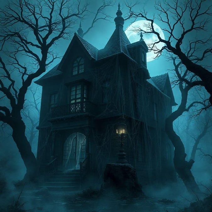 A haunting illustration of an old, dark mansion at night with lightning and a full moon setting the eerie atmosphere. Perfect for a Halloween wallpaper.