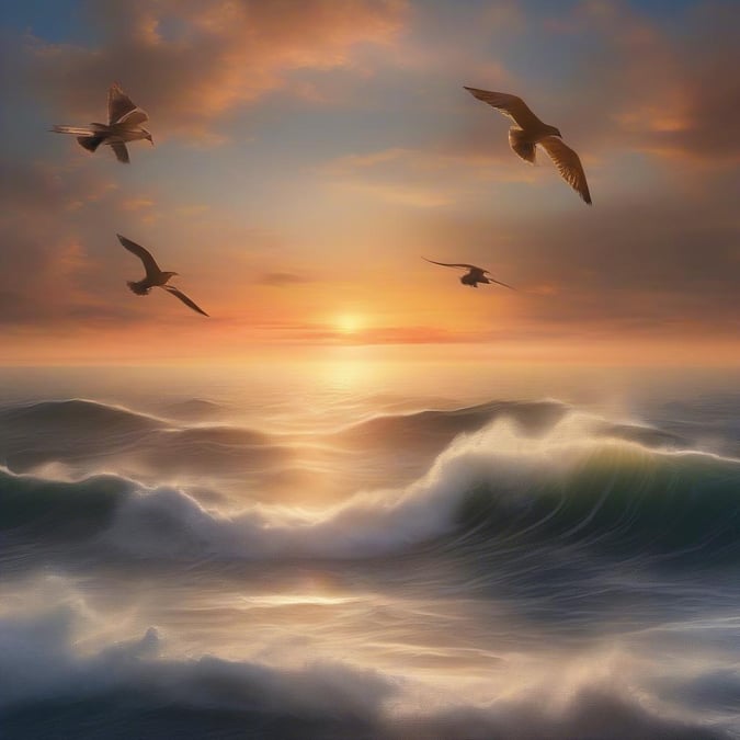 A serene beach scene at sunset with birds soaring overhead, evoking a sense of peacefulness and freedom.