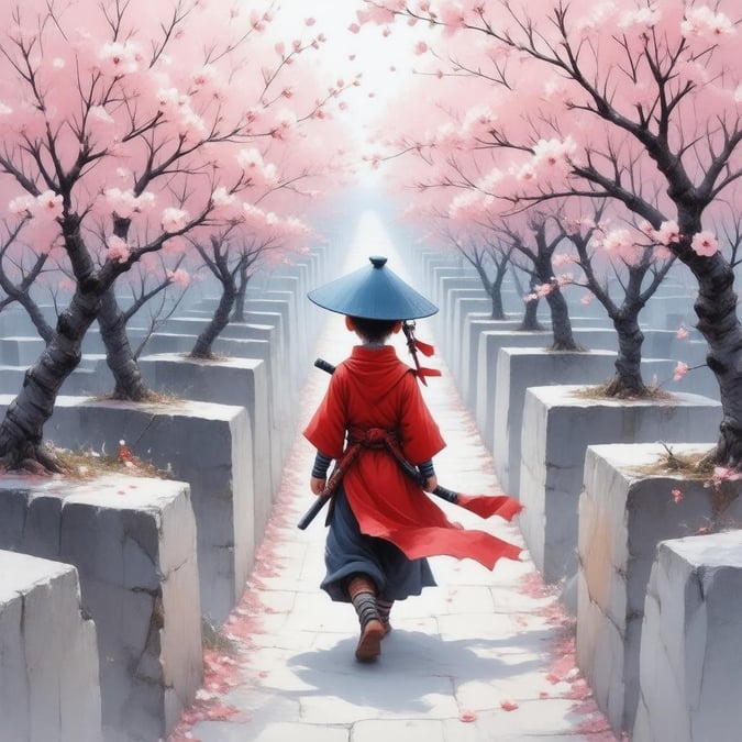 Step into a serene and mysterious world with this stunning anime wallpaper, featuring a young ninja navigating through a beautiful maze of cherry blossoms.