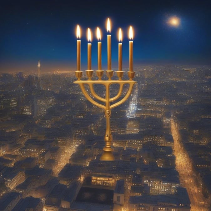 En bysilhuet om natten under Hanukkah, med lysene fra lysene, der skinner klart mod den mørke aftenhimmel. En traditionel menorah vises fremtrædende i midten af billedet og kaster et varmt og indbydende skær over bylandskabet. Kontrasten mellem den oplyste menorah og de svagt belyste bygninger vækker ånden af fejring i denne højtidssæson.