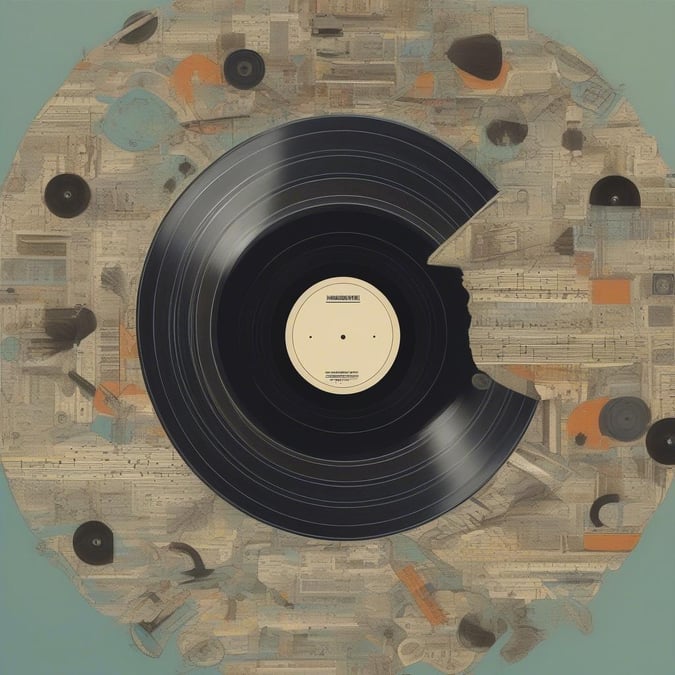 A unique and eye-catching wallpaper featuring a vinyl record surrounded by music-related items, perfect for music lovers and those who appreciate the aesthetic of vinyl records.