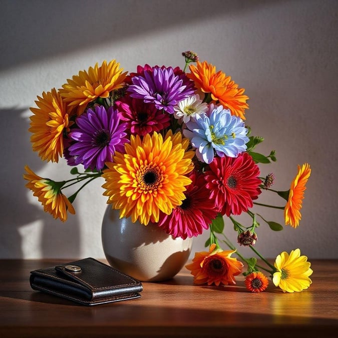 A delightful arrangement of daisies in vivid hues of orange, purple, yellow, blue, and white, symbolizing sunshine and happiness. Perfect for Father's Day to brighten up any space.