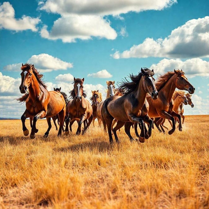 A dynamic scene of several wild horses in mid-gallop, their manes and tails flowing behind them as they race across a dry grass field.