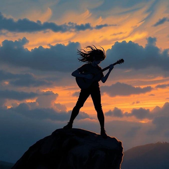 A musician strums their guitar as the sun sets over majestic mountains, capturing the serene beauty of nature's symphony.