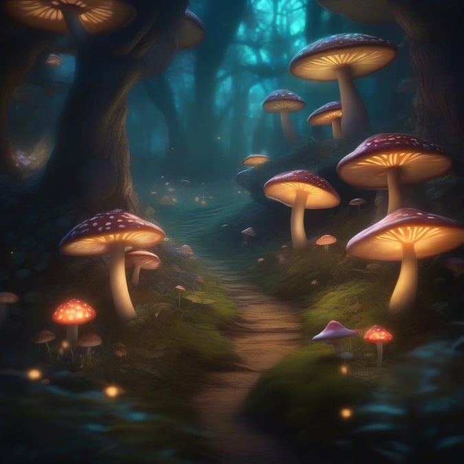 A mystical forest pathway at dusk, surrounded by magical mushrooms.