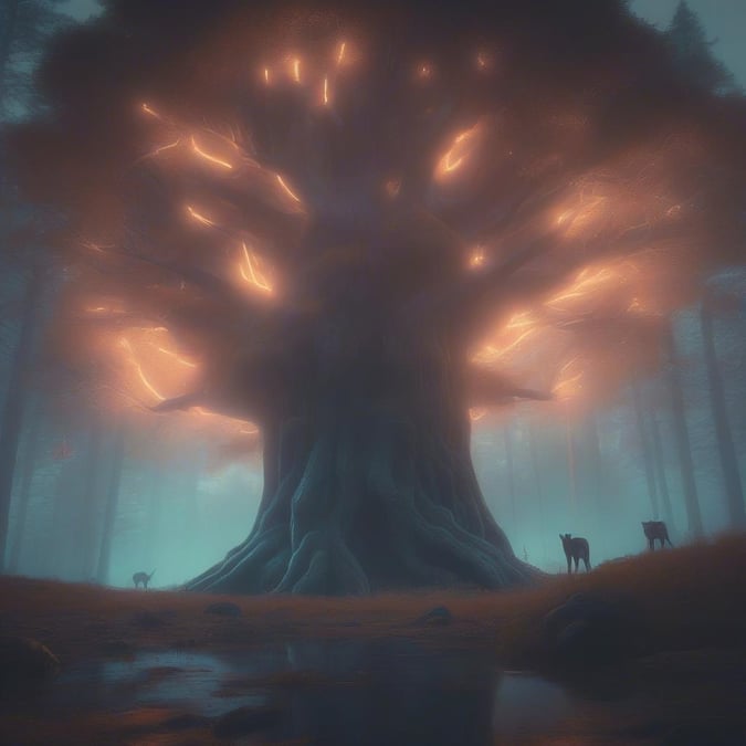 Explore the eerie beauty of an enchanted forest on a foggy Halloween night, where the ancient roots of a mysterious tree rise from a hidden glade, bathed in ominous light.