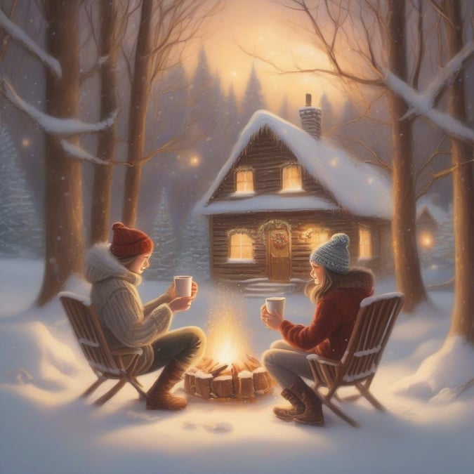 A couple enjoying a warm drink by the fire on a snowy night, wrapped in winter clothing, with a cabin in the background.