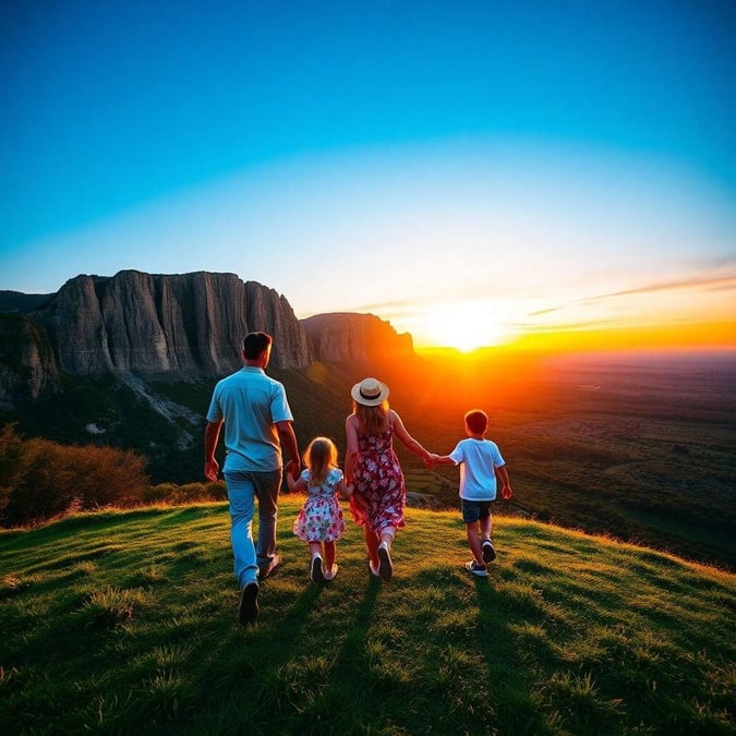 A family enjoys a beautiful sunset on a scenic mountain path.