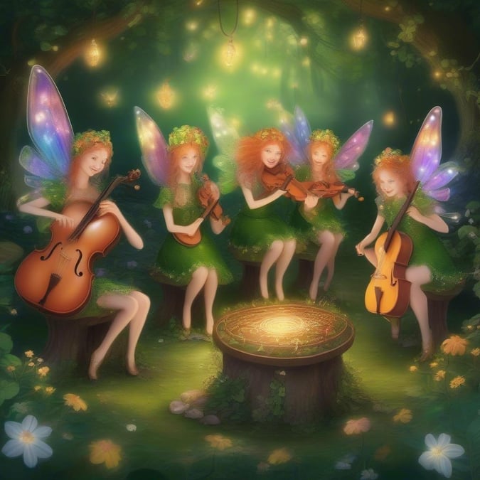 This beautiful St. Patrick's Day wallpaper features four fairies playing instruments in the forest. The fairies are dressed in green dresses and have wings, adding to the whimsical and magical atmosphere of the scene. The forest is filled with lush greenery and colorful flowers, creating a vibrant and lively backdrop for the fairies' performance.