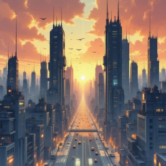 Este papel de parede inspirado em anime apresenta uma impressionante paisagem urbana futurista ao pôr do sol, com arranha-céus altos e carros voadores criando uma atmosfera dinâmica.