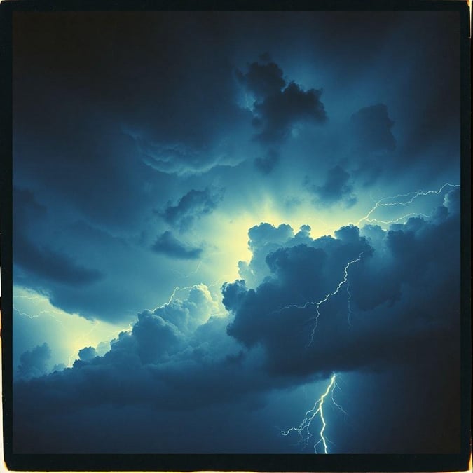 A dramatic and intense scene of a lightning storm, with a dark and ominous sky filled with thick, grey clouds.