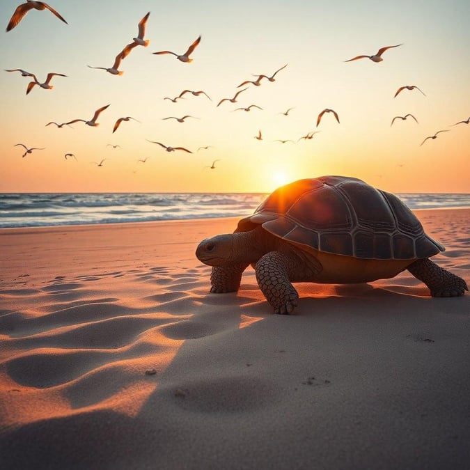 This beautiful wallpaper features a turtle on the beach, enjoying the sunset. The turtle is positioned in the center of the image, with the sun setting behind it, creating a stunning visual effect. The background of the image is a serene beach scene, with the ocean waves gently lapping at the shore. The overall atmosphere of the image is one of peace and tranquility, making it perfect for anyone looking to relax and unwind.