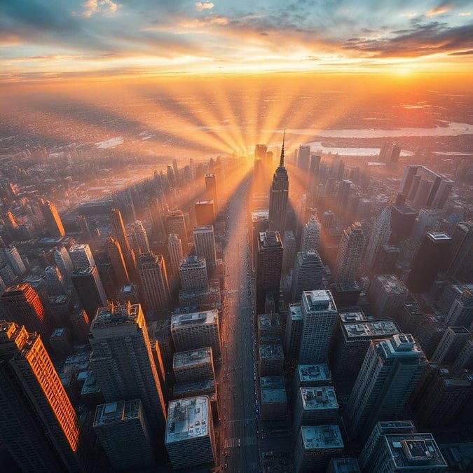 This stunning image captures the breathtaking beauty of a sunrise over New York City. The vibrant colors of the sky, the towering skyscrapers, and the bustling streets all come together to create a truly unique and awe-inspiring scene.