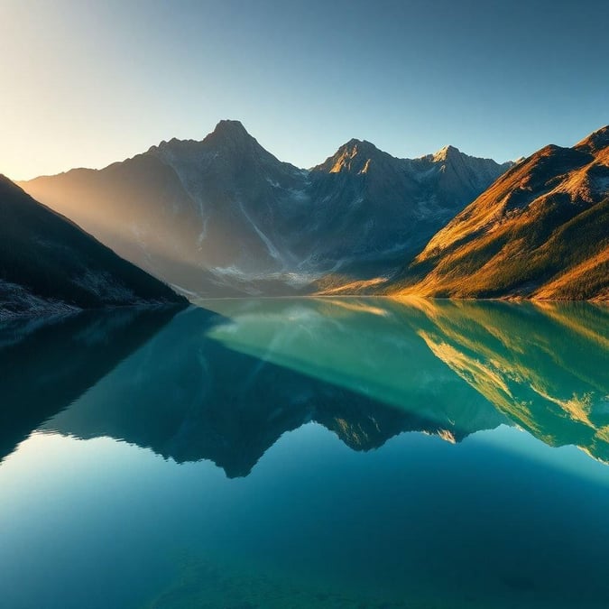 A breathtaking view of a tranquil mountain lake, with majestic peaks towering in the background at sunrise.