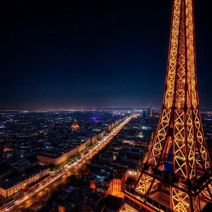 Experience the magic of Paris as you gaze upon the Eiffel Tower lit up against the night sky. A must-see landmark, it stands tall and proud against the backdrop of the city.