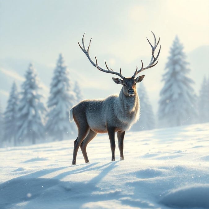 This majestic reindeer stands as a symbol of the beauty of winter, amidst the snowy forest. The clearing offers a serene glimpse into the natural wonder of this season.