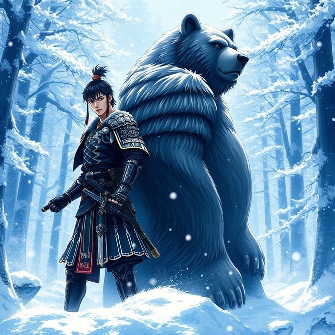 This stunning anime wallpaper features a samurai warrior standing back-to-back with a giant bear, both clad in black and silver armor, set against the serene backdrop of a snowy forest. The dominant blue and white color scheme creates a sense of tranquility and adventure, making this image perfect for desktop and mobile use.