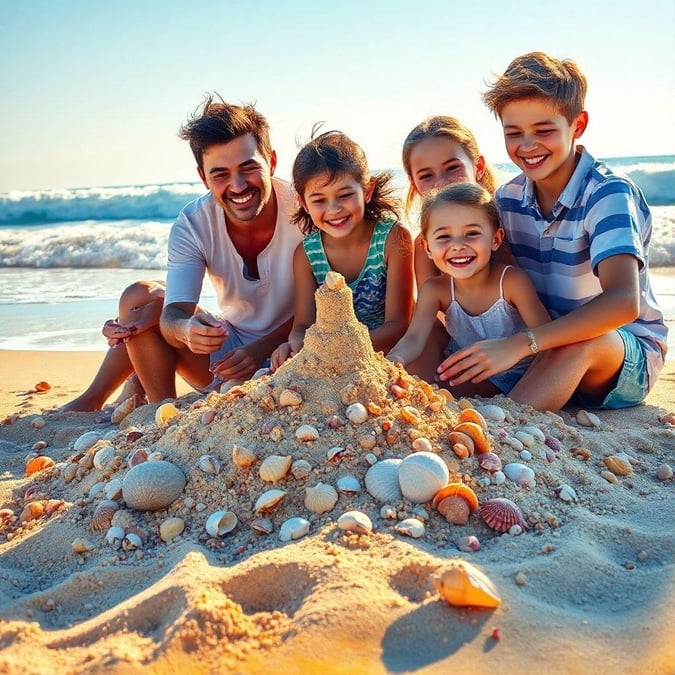 A heartwarming scene of a family enjoying a day at the beach, building sandcastles and playing in the waves.