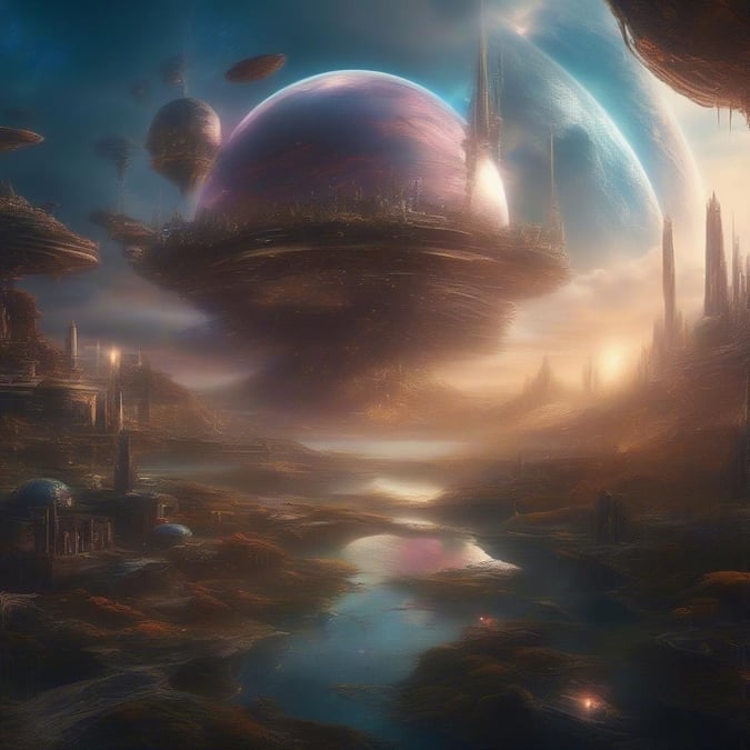 Explore the depths of an alien landscape with this stunning wallpaper. Ascend to the heavens on a mystical shuttle, or dive into the caverns below, all under the glow of neon-lit towers in the distance.