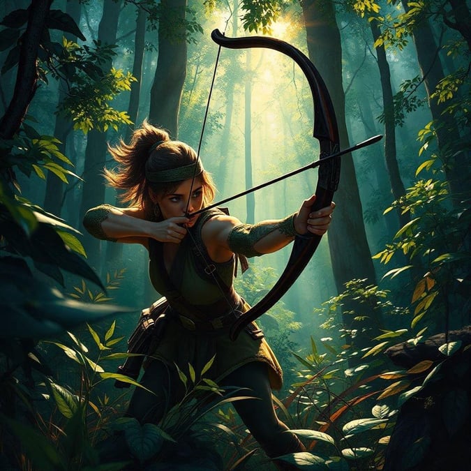 This captivating wallpaper showcases a woman in a fantasy setting, poised to fire her bow and arrow amidst the lush foliage of a forest. The image exudes a sense of adventure and skill, inviting viewers to immerse themselves in the world of fantasy.