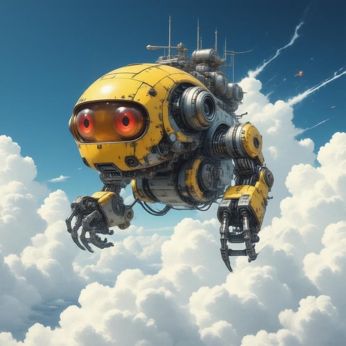 Get ready for an exciting journey into the skies with this detailed digital illustration of a robotic robot. The steampunk aesthetics on this mechanical marvel are truly breathtaking, and its vibrant yellow head, complete with red eyes, gives it an adventurous look as it flies through the clouds.