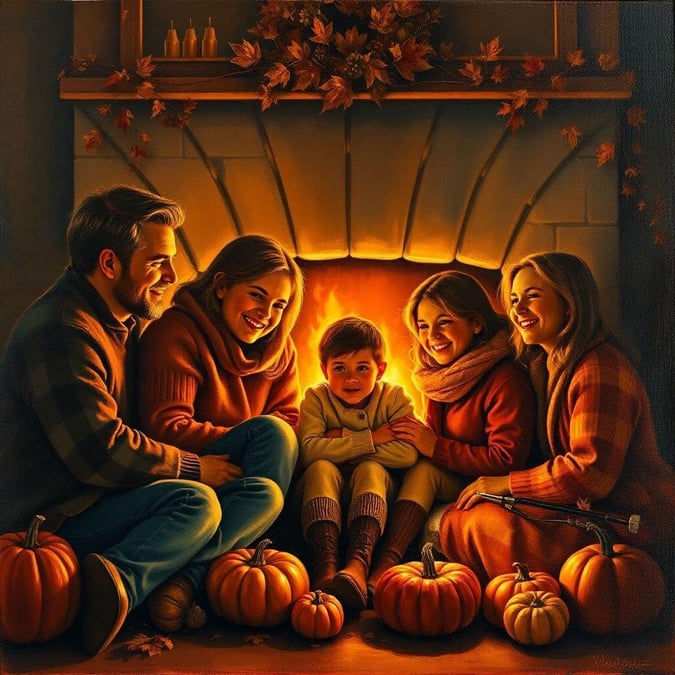 This beautiful wallpaper captures the warmth and joy of a Thanksgiving family moment. The image features a family of four sitting by a fireplace, surrounded by pumpkins and autumn leaves, creating a cozy and inviting atmosphere. It's perfect for desktop and mobile use, and is sure to bring a sense of gratitude and togetherness to your device.