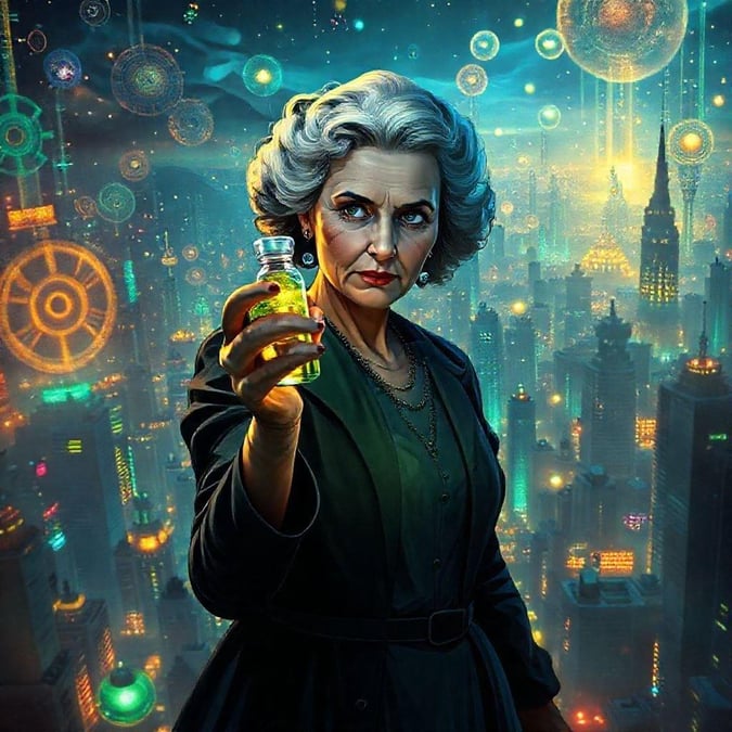 This captivating image showcases a woman from the 1950s era, juxtaposed with a futuristic cityscape, highlighting the contrast between past and present.