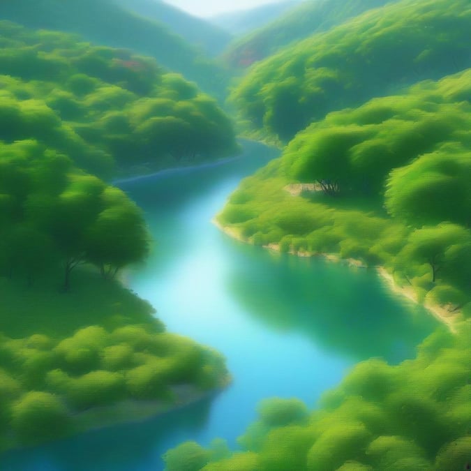 A peaceful river flows through a lush green forest, surrounded by a brilliant blue sky.