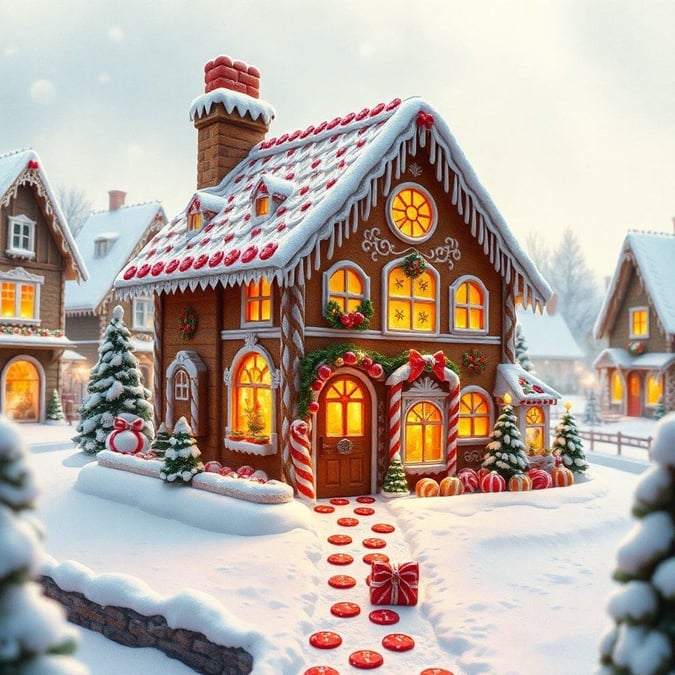 A quaint, snow-dusted gingerbread house in a picturesque winter village. The warm lights from the windows and doorway invite you into this festive holiday scene.