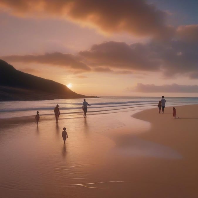 A family enjoys a walk along the beach as the sun sets, with soft light casting gentle shadows on the sand.