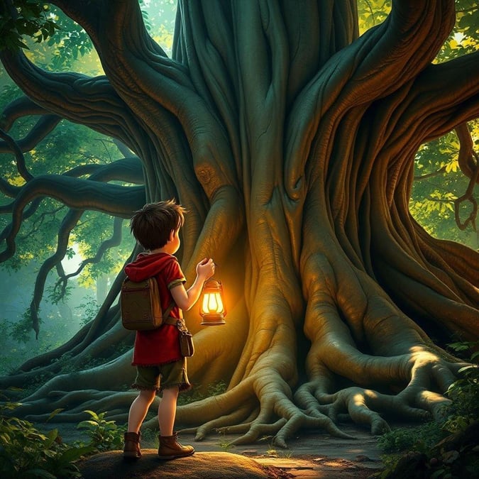 Join our young hero on his quest to find a magical tree hidden deep in the woods. With only a lantern and his courage, he embarks on an enchanting journey through a verdant wonderland.