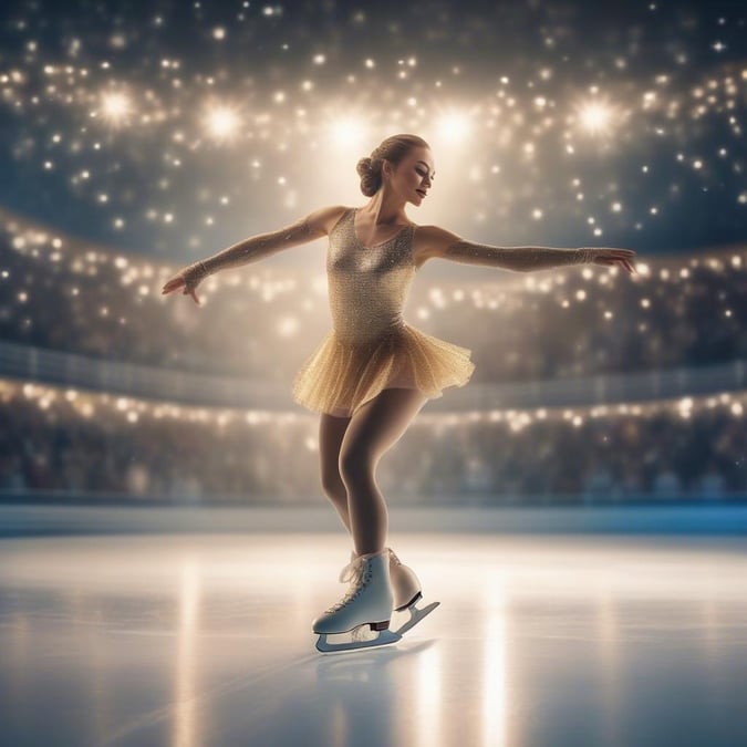 In the heart of a dazzling ice rink, this figure skater captures the essence of grace and power. The radiant spotlight illuminates her glittering costume, adding a touch of magic to her performance. The cheering audience in the background adds an element of anticipation and excitement.