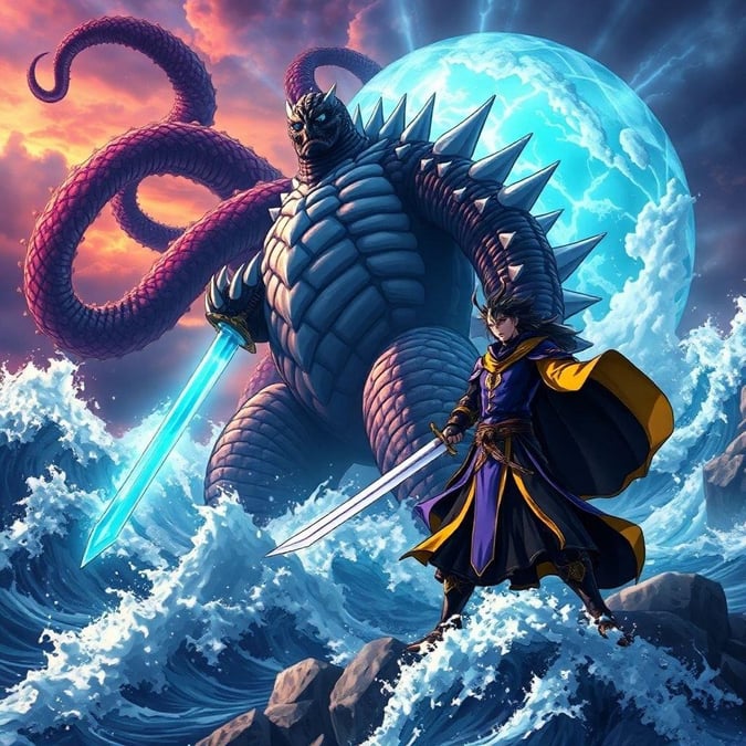 Preparati per una battaglia epica tra due potenti kaiju in questo straordinario sfondo anime. Con la sua scena drammatica e ricca di azione, questo sfondo è perfetto per i fan del folklore giapponese e dell'anime.