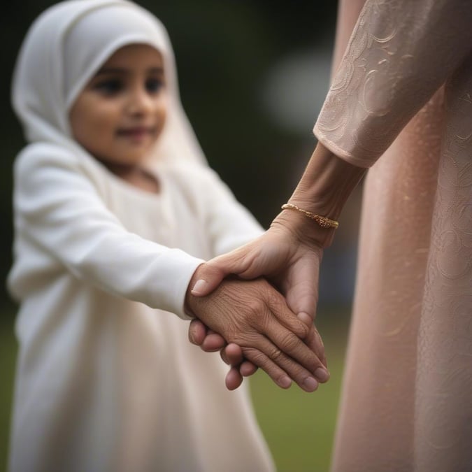 A heartwarming scene from an Eid celebration where a little girl in traditional attire interacts with an older woman, possibly her grandmother. The joy of the occasion is palpable as they hold hands and share smiles.