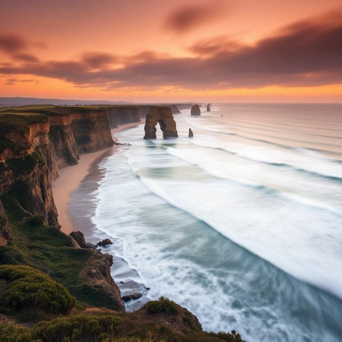 A breathtaking scene of rugged cliffs and towering formations meeting the vast ocean under a beautiful sunset.