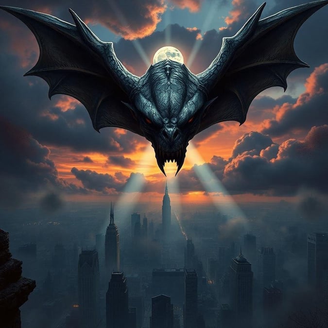 A fantastical dragon soars over the New York City skyline at dusk, casting a dramatic silhouette against the colorful clouds.