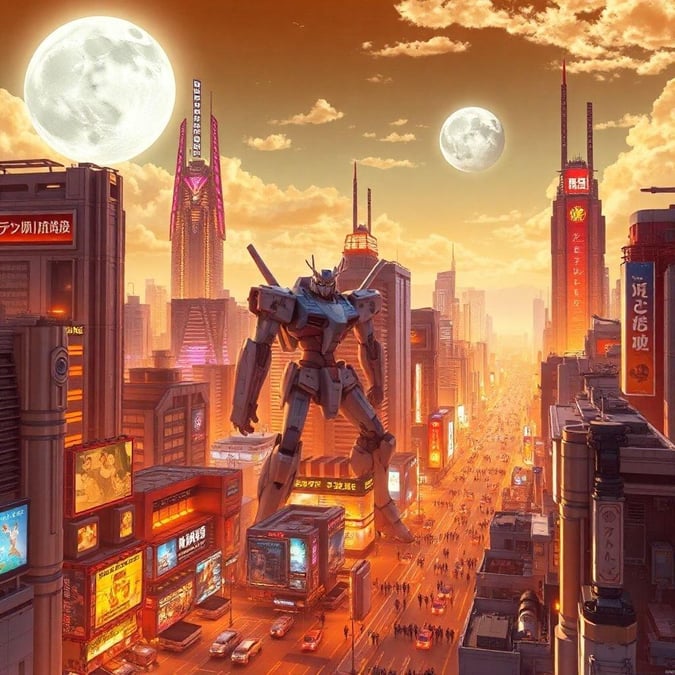 This anime illustration brings to life a futuristic cityscape, where towering robots patrol the streets under the warm glow of an orange and yellow sky. The scene is completed by a large moon and a planet in the background, creating an immersive anime-like atmosphere.